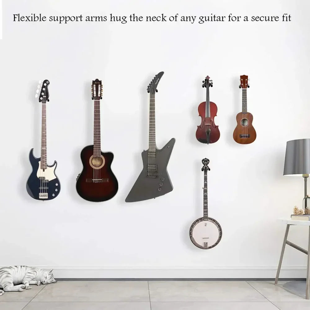 Set of five black metal guitar wall mount hanger hooks with flexible arms for acoustic electric bass guitar necks