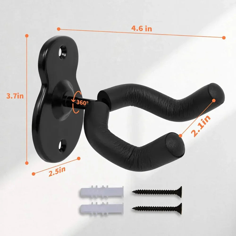 Black metal guitar wall mount hanger hook acoustic electric bass guitar with padded curved arm and adjustable plate