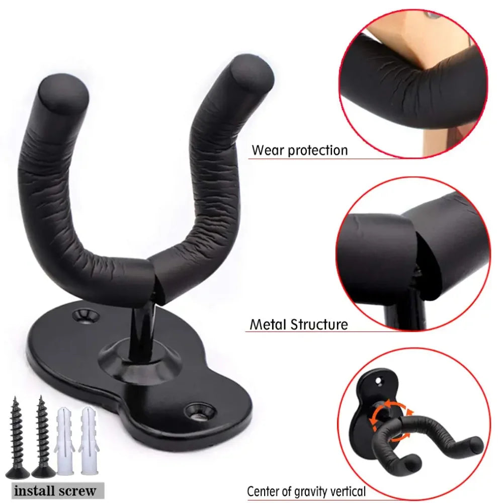 Black metal guitar wall mount with padded curved arms and secure base for hanger hook acoustic electric bass guitar