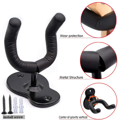 Black metal guitar wall mount with padded curved arms and secure base for hanger hook acoustic electric bass guitar