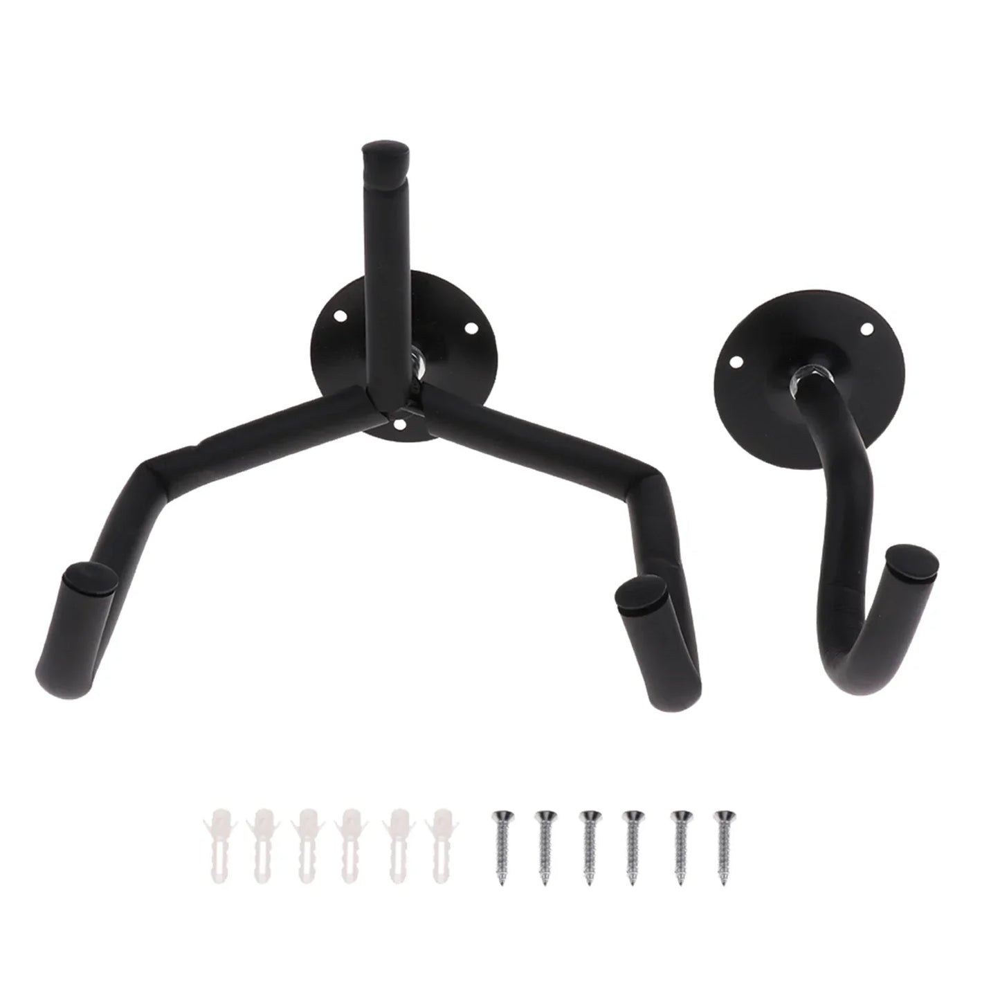 Black metal guitar wall mount with curved hooks and circular plates for music shop exhibition and musical instrument hanger