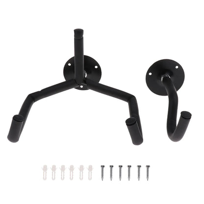 Black metal guitar wall mount with curved hooks and circular plates for music shop exhibition and musical instrument hanger