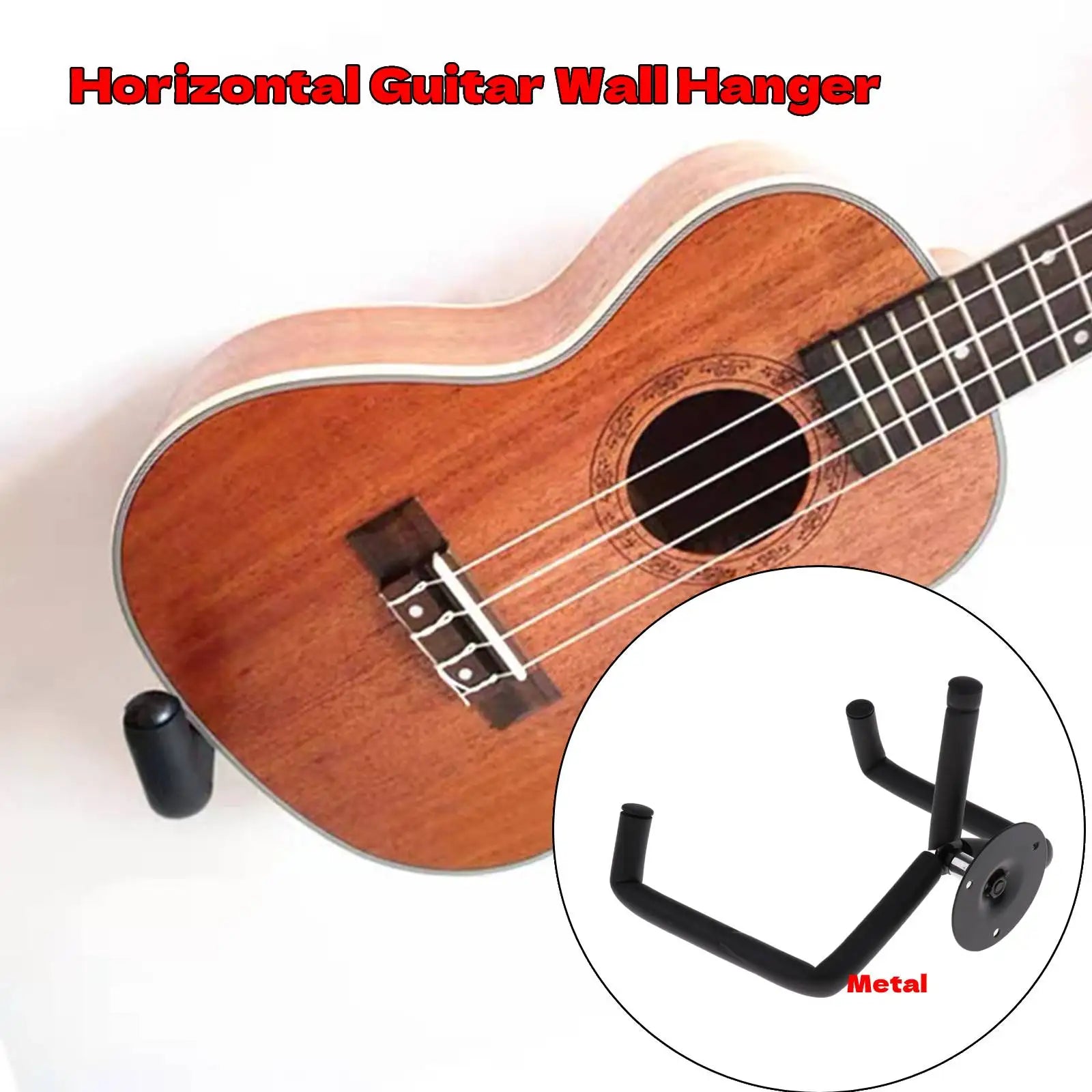 Black metal guitar wall mount holding a wooden ukulele ideal for music shop exhibition and musical instrument hanger use