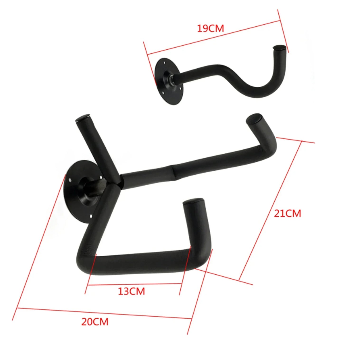 Black metal guitar wall mount with curved hooks and circular plates for music shop exhibition and musical instrument hanger