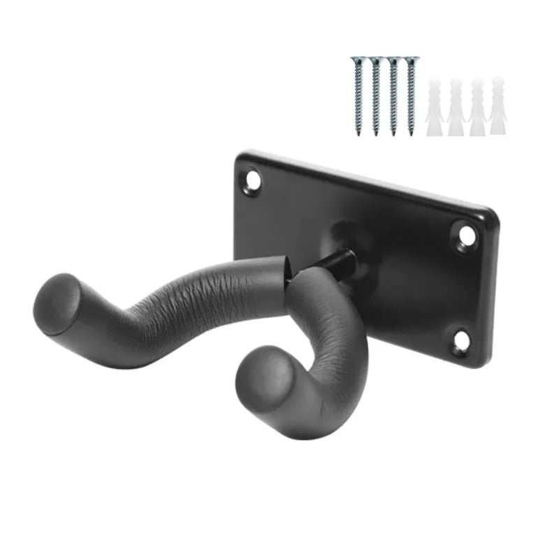 Black guitar wall mount with textured padded arms and rectangular mounting plate for rack bracket display use