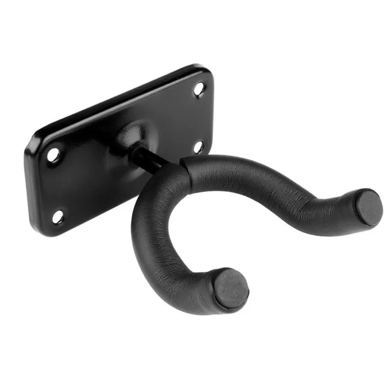 Black guitar wall mount with padded curved hook and rectangular rack bracket display for holder racks violin and bass