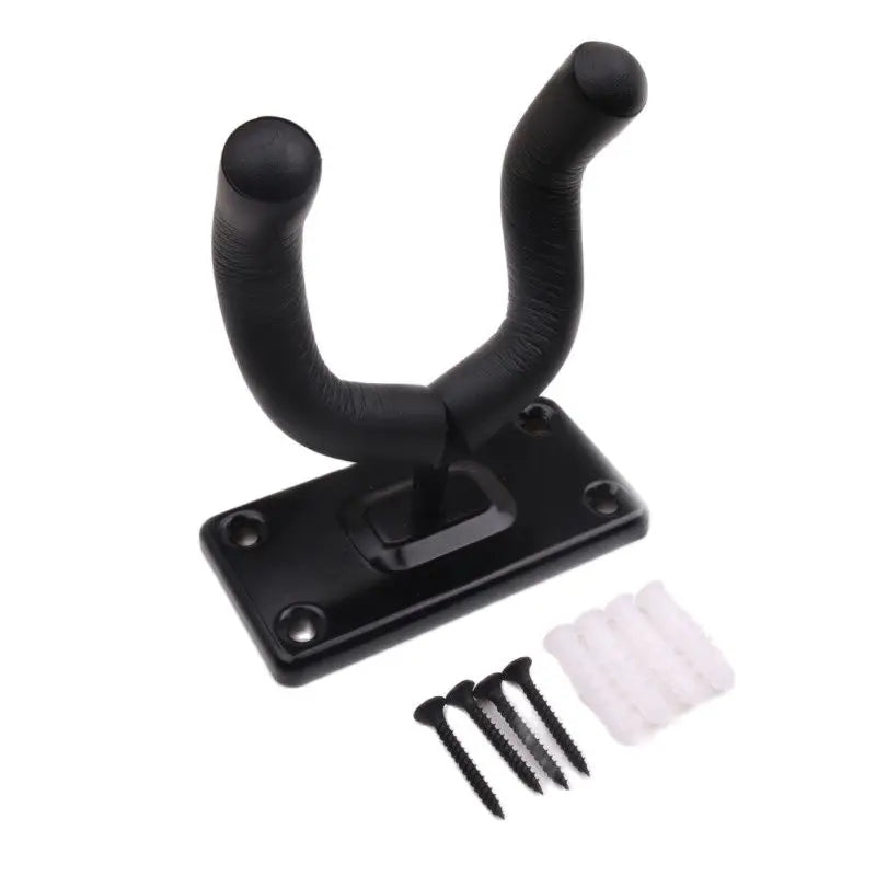 Black guitar wall mount with padded curved arms and flat mounting plate for holder racks violin and rack bracket display