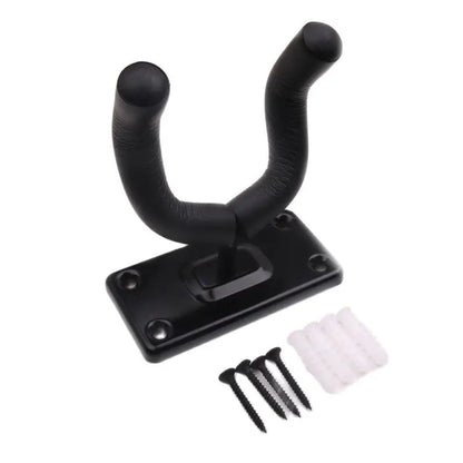 Black guitar wall mount with padded curved arms and flat mounting plate for holder racks violin and rack bracket display
