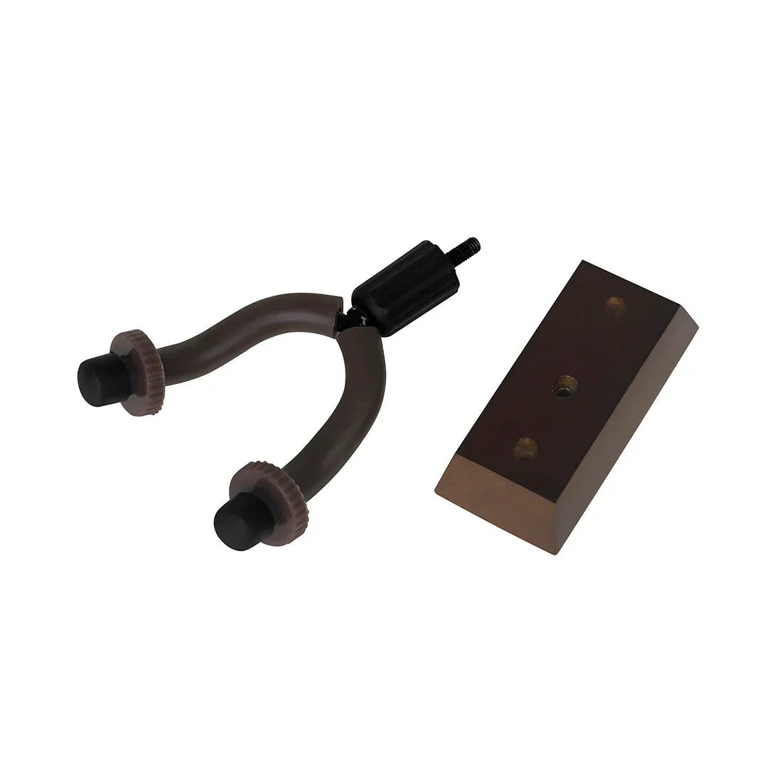 Black plastic guitar wall mount tuning fork with adjustable clamp and magnetic walnut base for violin bass ukulele use