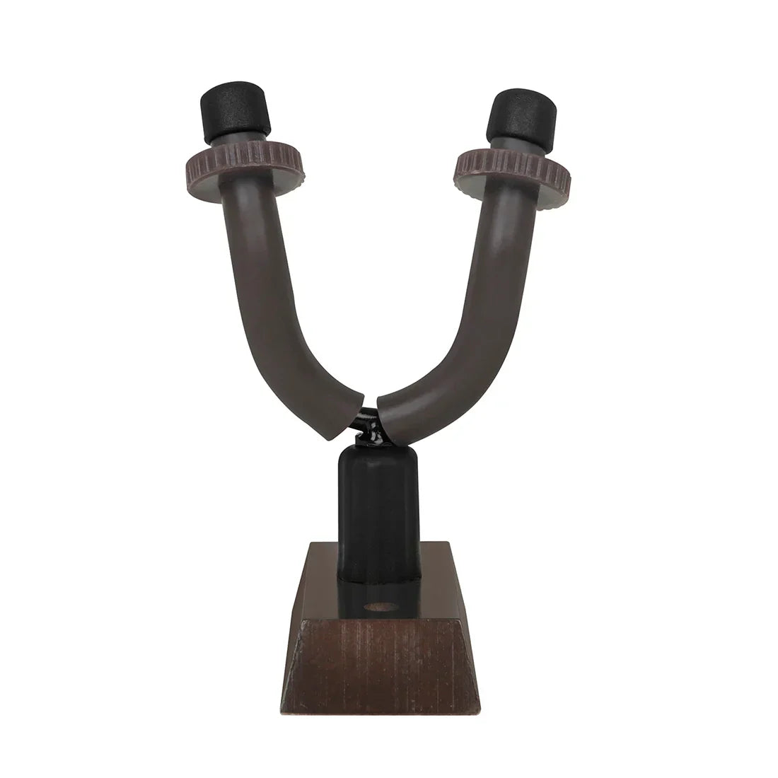 Dark gray plastic guitar wall mount with black rubber caps and textured knobs on walnut wood base for violin bass ukulele use