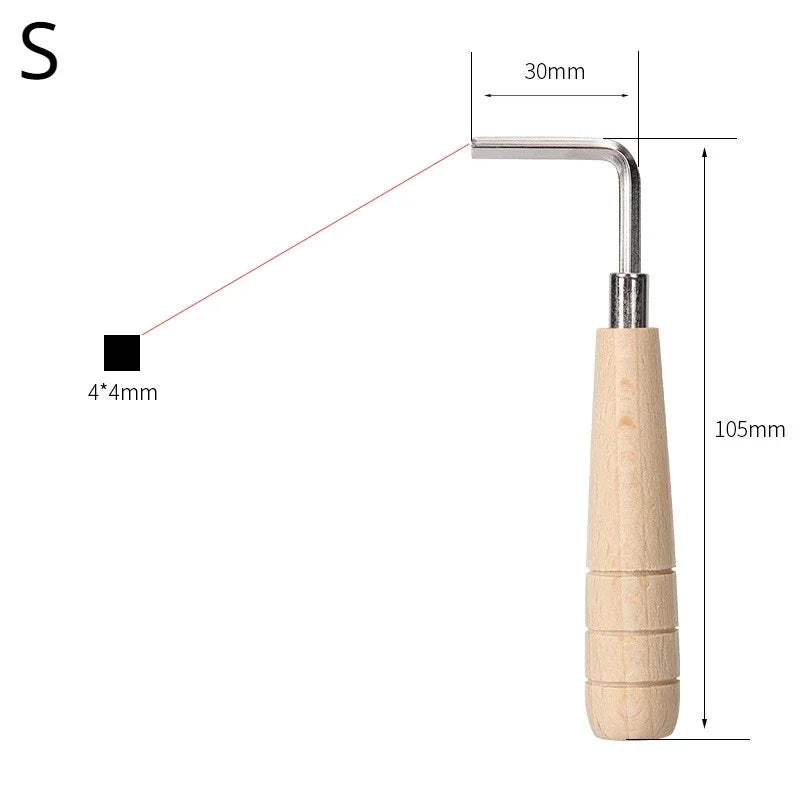 Guitar wrench hexagon with a light wooden handle and metallic l-shaped head for precise fingerboard pitch adjustment