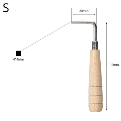 Guitar wrench hexagon with a light wooden handle and metallic l-shaped head for precise fingerboard pitch adjustment