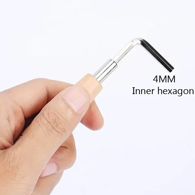 A 4mm guitar wrench hexagon with metallic shaft and light beige rubberized handle for fingerboard pitch adjustment