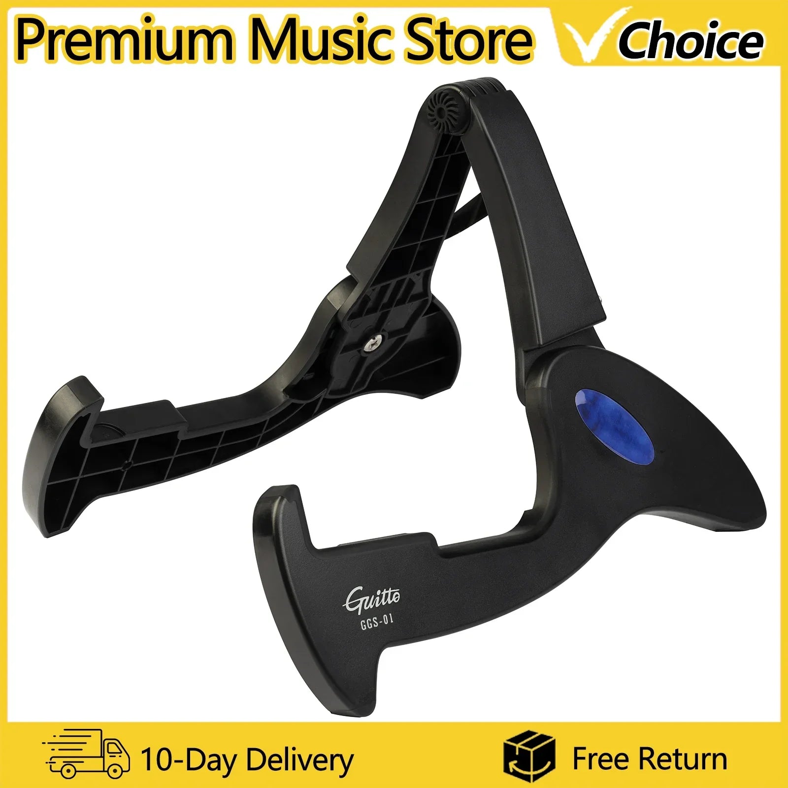 Black plastic guitar stand with blue base accent featuring adjustable universal folding tripod design for secure instrument support