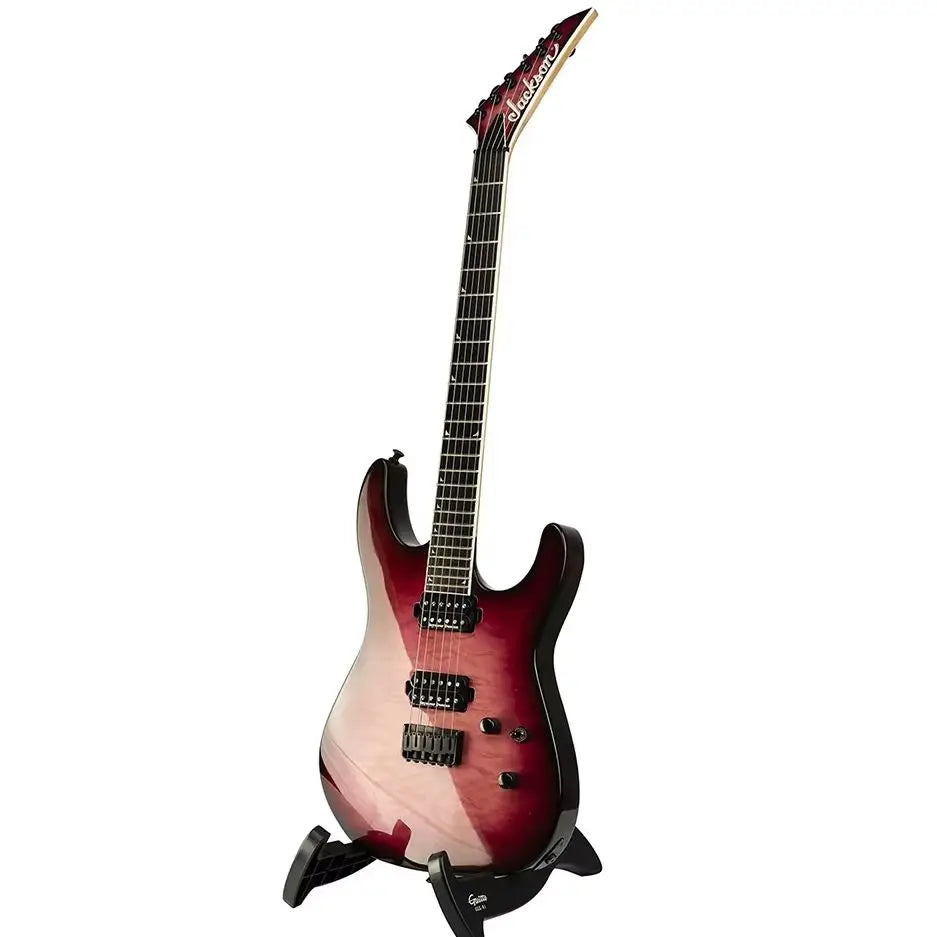 A jackson guitar with glossy red-to-pink gradient and black hardware displayed on a guitto ggs-01 universal folding tripod guitar stand