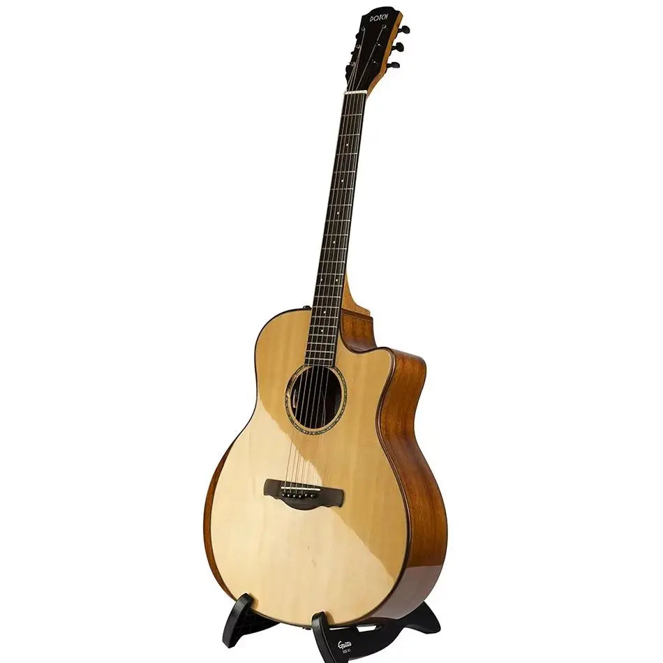 A light natural wood acoustic guitar with black hardware on a guitto ggs-01 universal folding tripod guitar stand