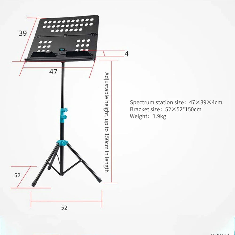 Black folding music sheet stand with aluminum alloy tripod, teal locking clips, and holder height adjustable legs