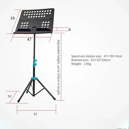Black metal folding music sheet stand with perforated top, teal locking clips, detachable aluminum alloy, holder height adjustable