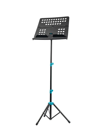 Black adjustable folding music sheet stand with teal joints featuring a detachable aluminum alloy holder height adjustable