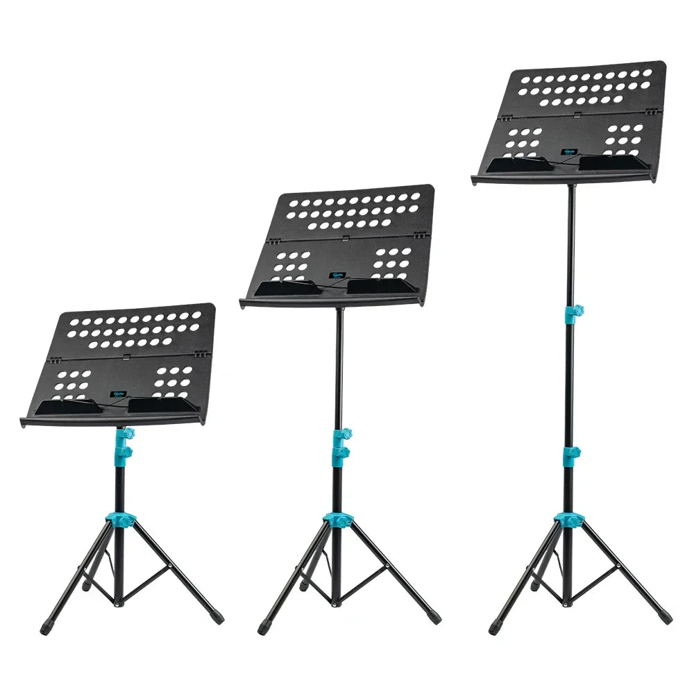 Set of three black folding music sheet stands with teal detachable aluminum alloy joints and holder height adjustable tripods