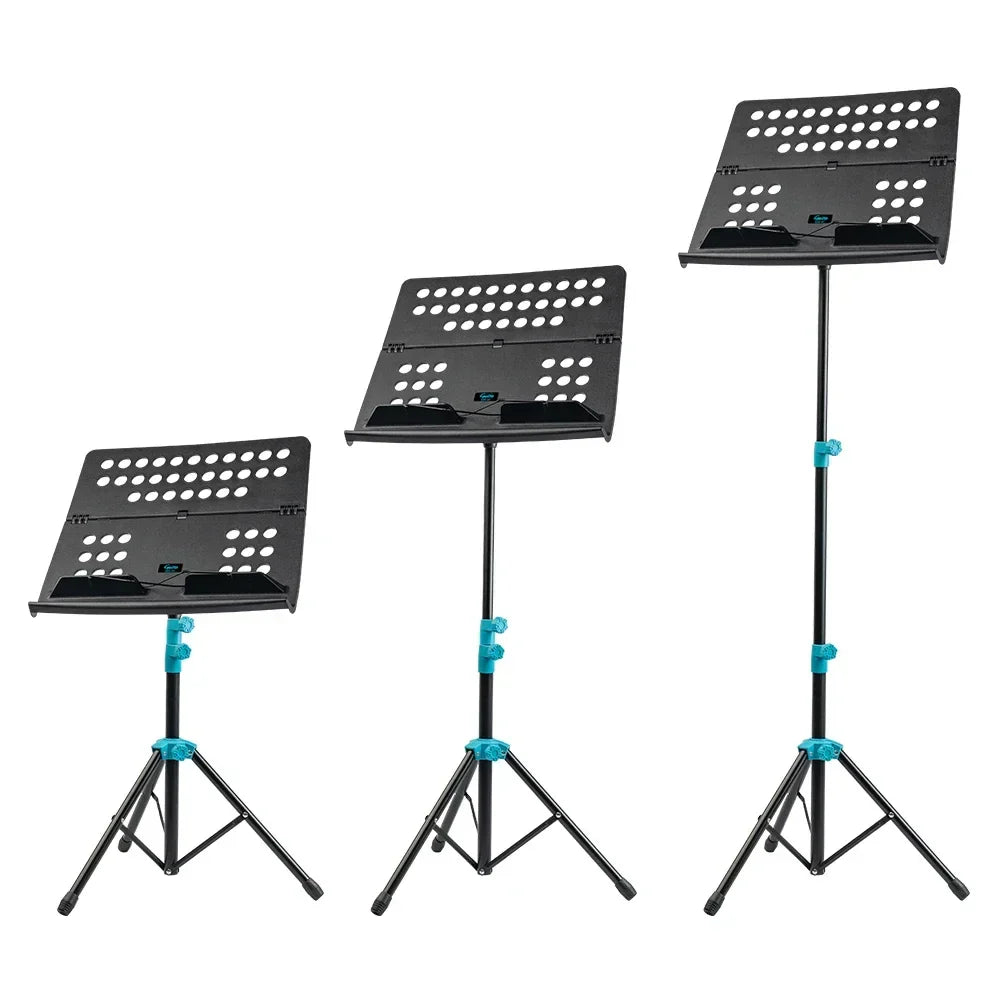 Set of three black folding music sheet stands with teal joints aluminum alloy tripod holder height adjustable