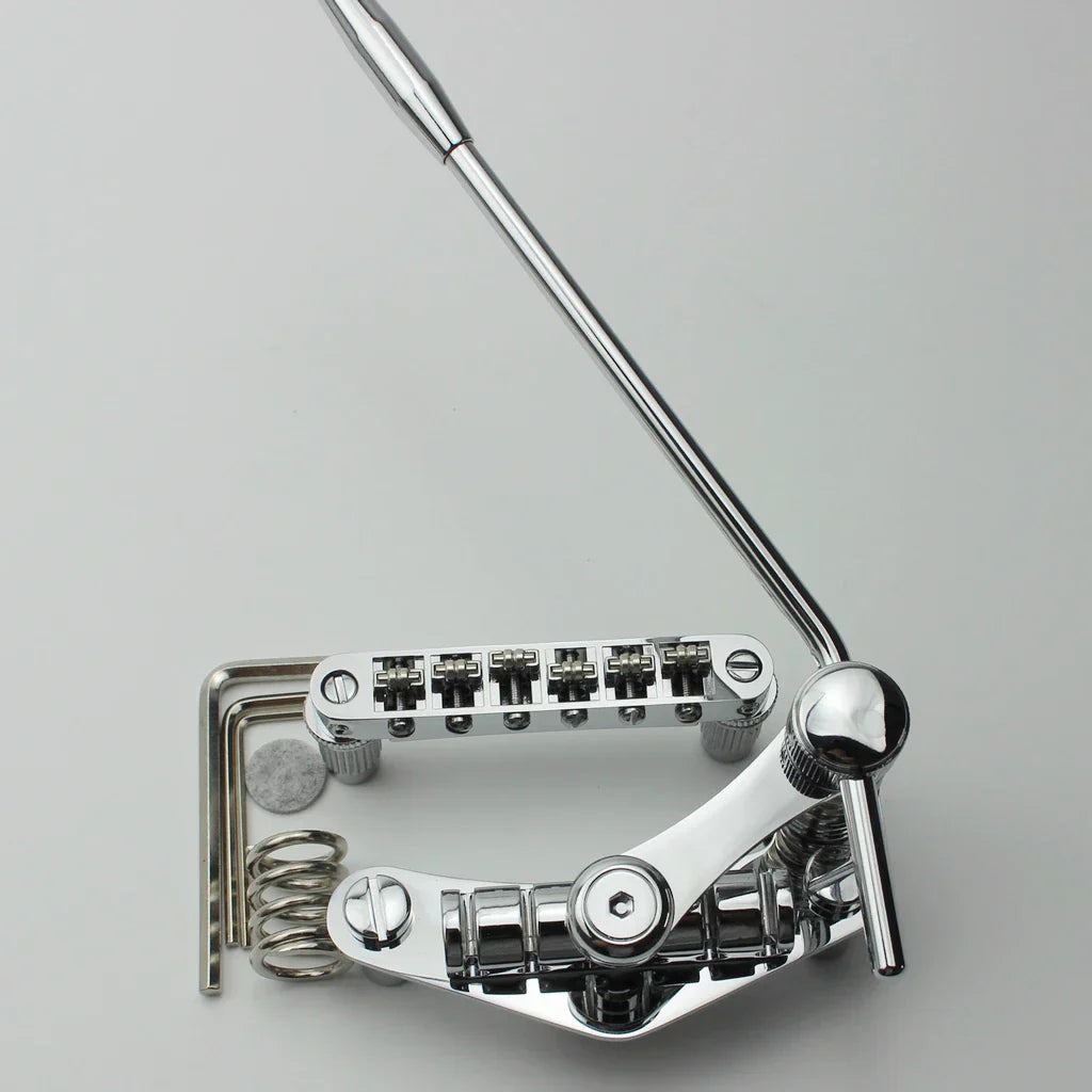 Chrome-finished guyker tune-o-matic roller saddle guitar bridge with stop bar tailpiece tremolo and six tuning pegs