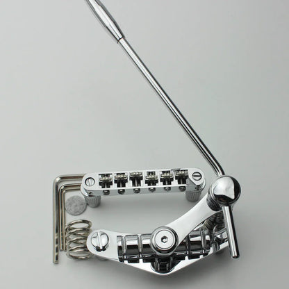 Chrome-finished guyker tune-o-matic roller saddle guitar bridge with stop bar tailpiece tremolo and six tuning pegs