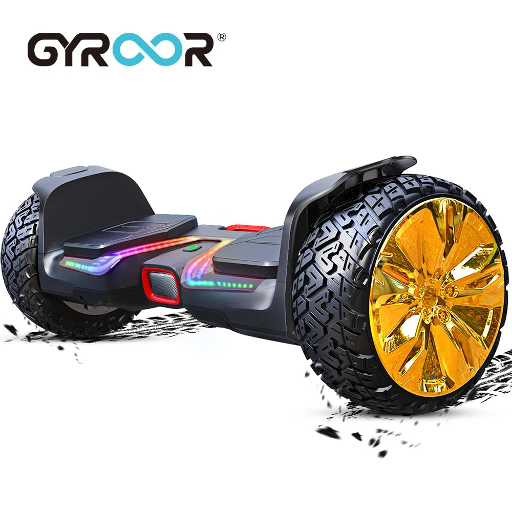 Black and gold gyroor balance hoverboard scooters with 8.5 inch off road tires and led lighting accents for all terrain use
