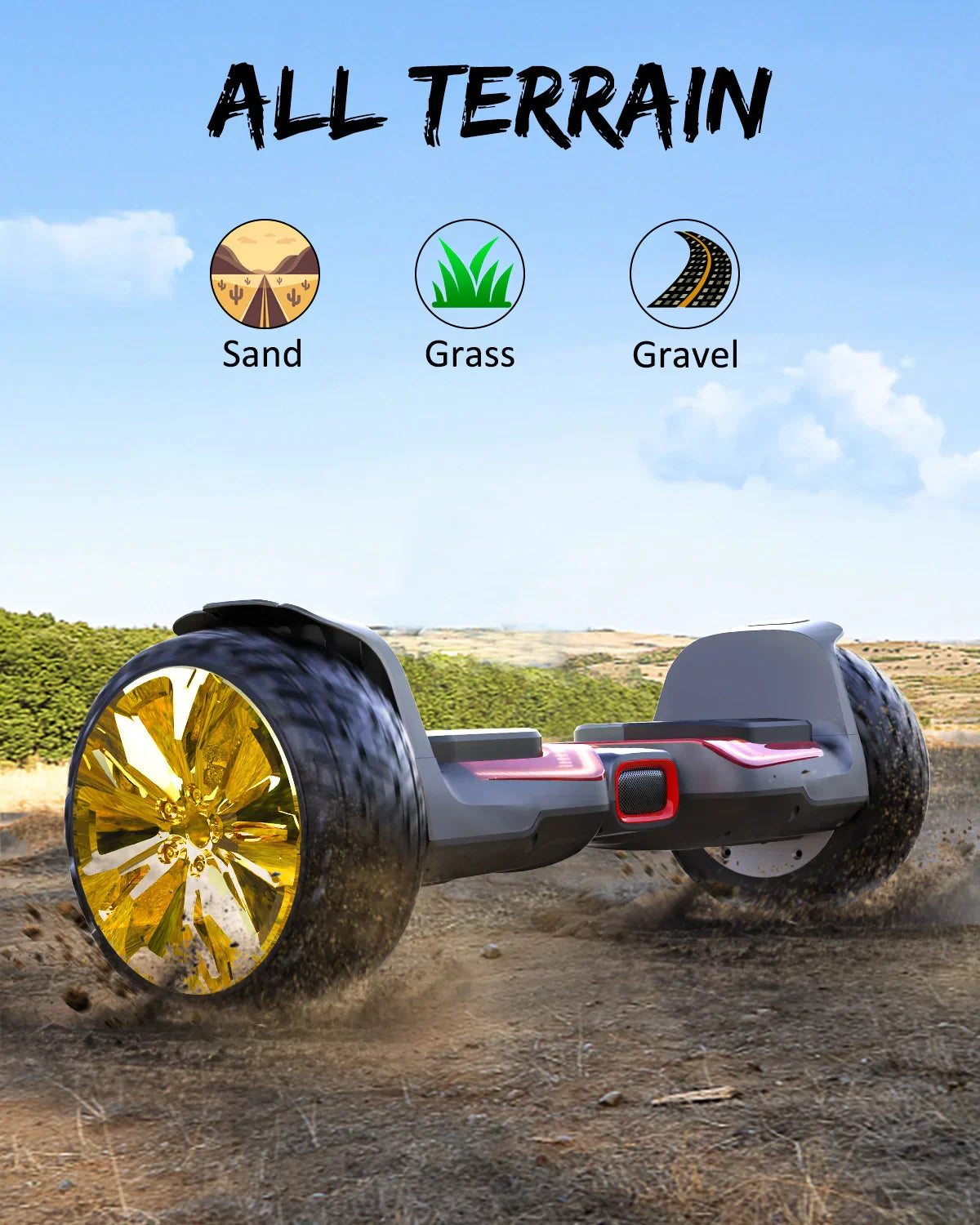 Gray and red gyroor balance hoverboard scooter with gold wheels designed for all-terrain off road use with LED lights