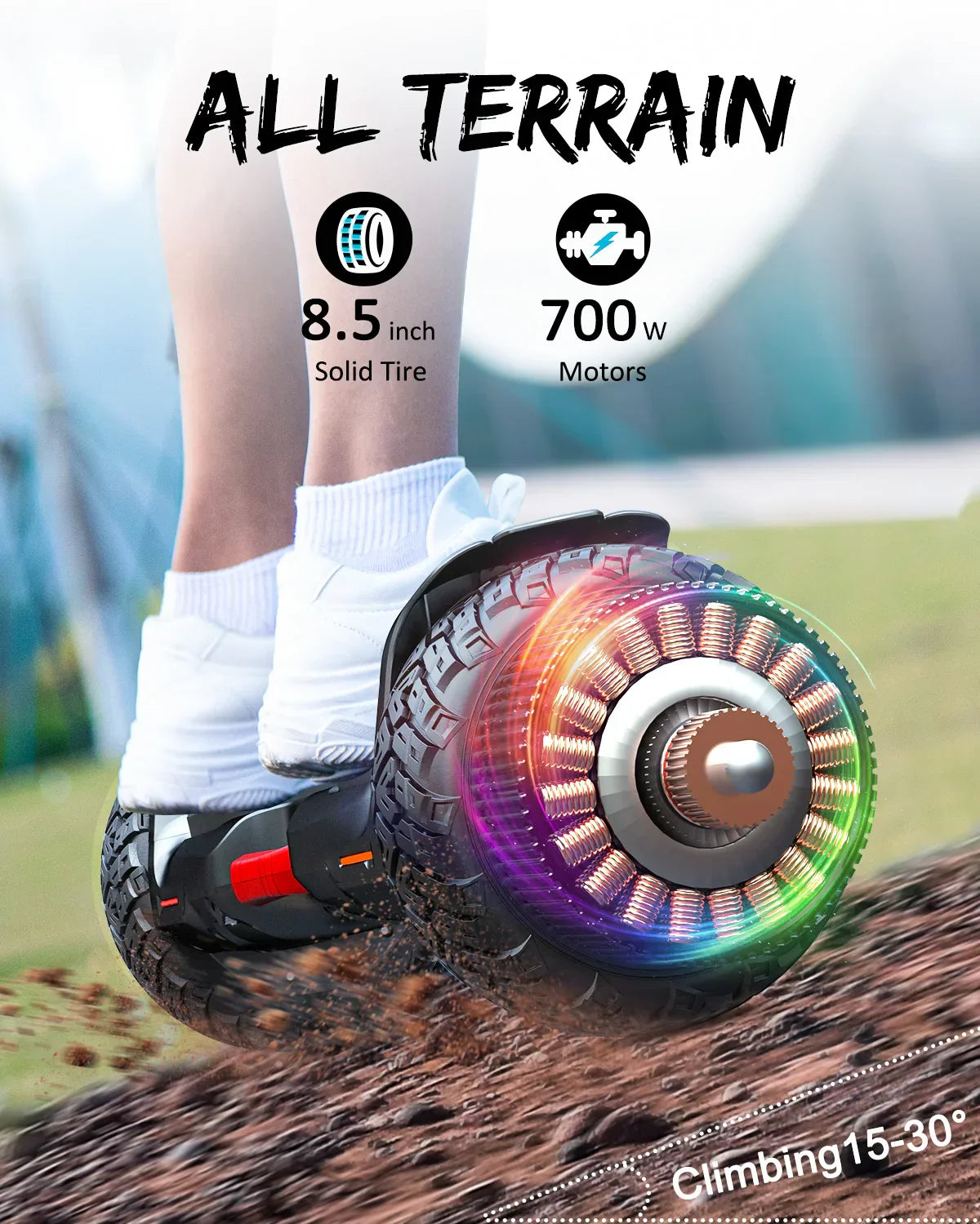 Black and red gyroor balance hoverboard scooter with 8.5 inch solid tires 700w power and glowing led lights for off road use