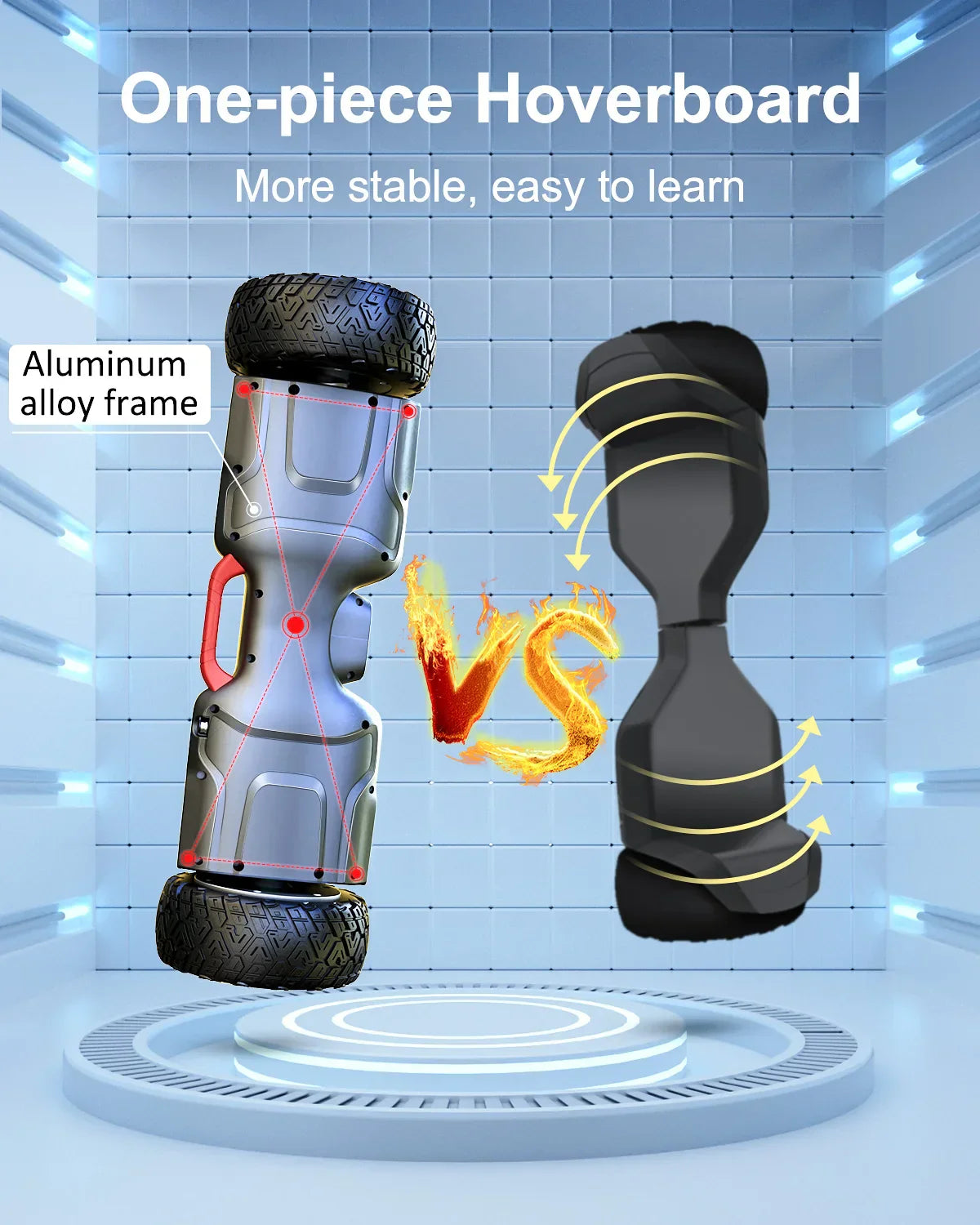 Silver aluminum alloy gyroor balance hoverboard scooter with black tires and red handles for off road use
