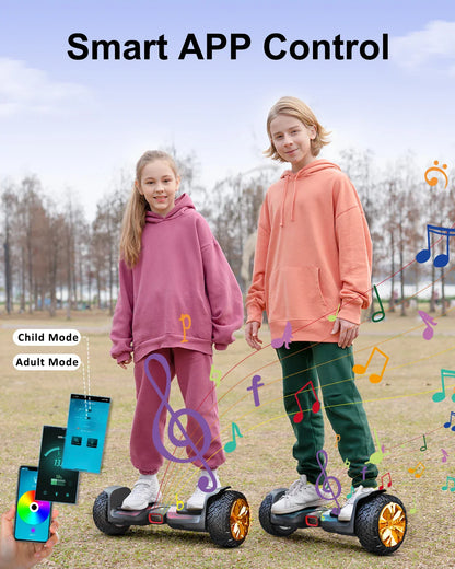 Two children ride black gyroor balance hoverboard scooters with gold rims rugged tires and smartphone app control