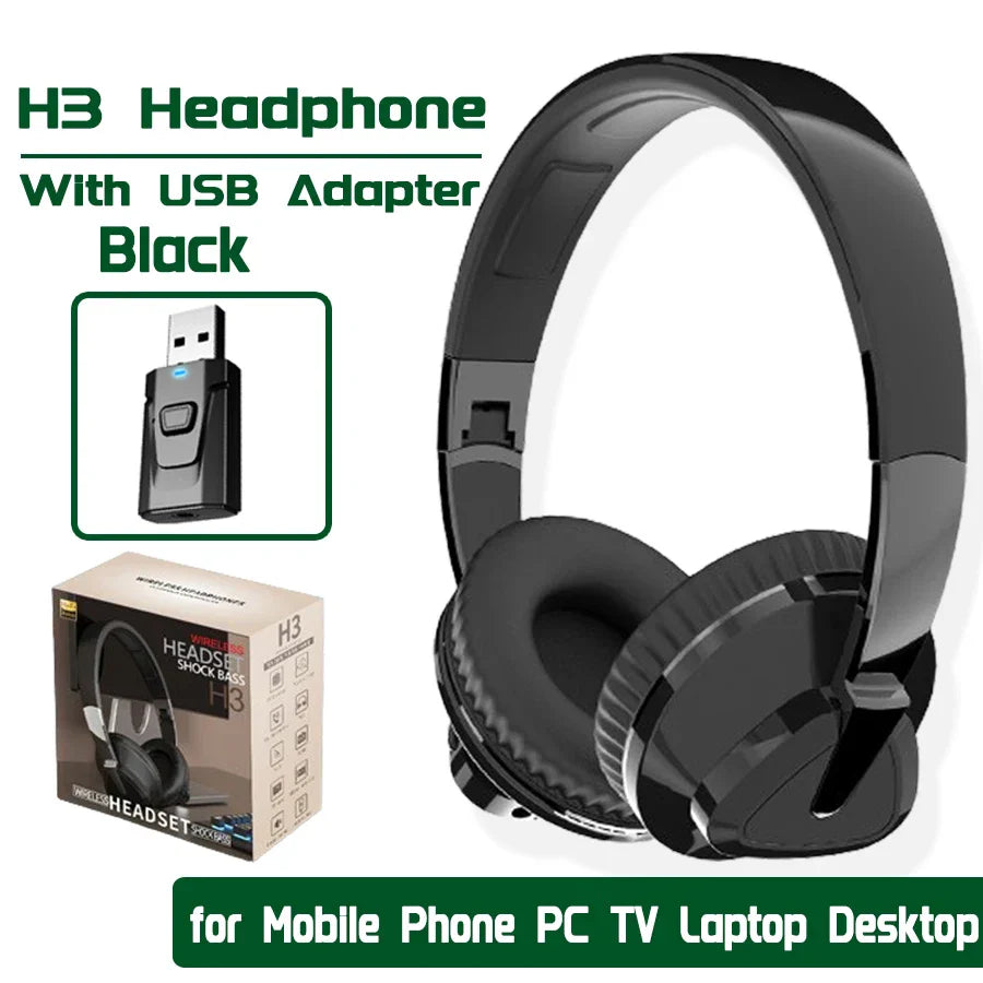 Black h3 headphone wireless wired headphone with usb adapter rx&tx gaming headset with padded earcups and glossy finish
