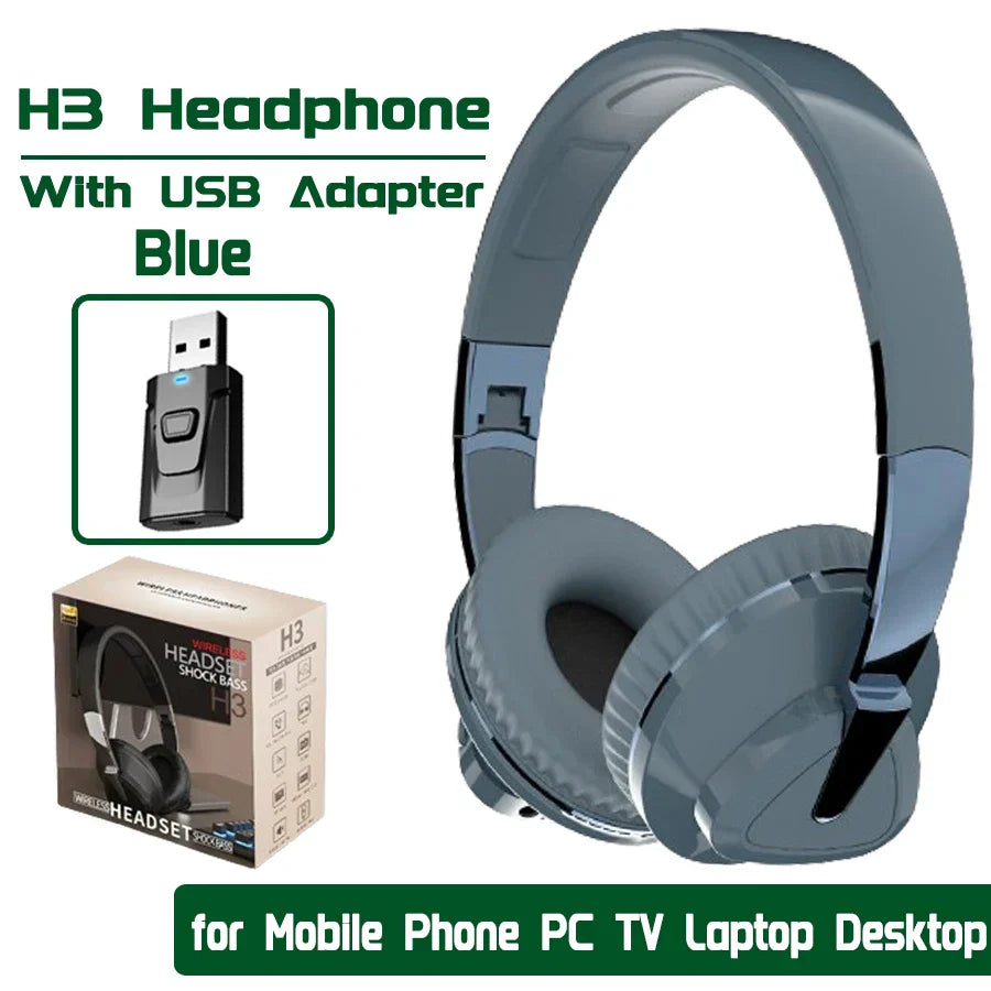 Blue h3 wireless wired headphone with matte finish padded earcups usb adapter rx&tx gaming headset with mic