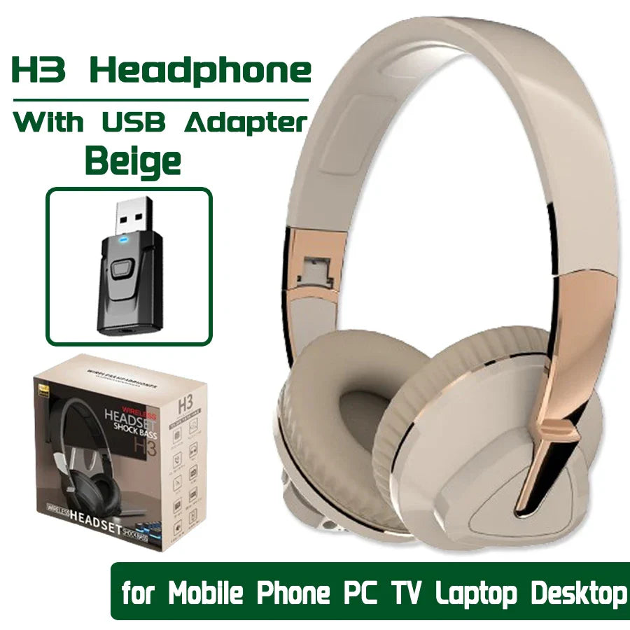 Beige wireless wired headphone h3 gaming headset with rose gold accents and usb adapter rx&tx included