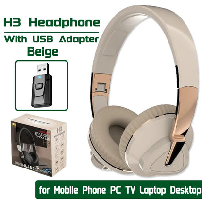 Beige wireless wired headphone h3 gaming headset with rose gold accents and usb adapter rx&tx included