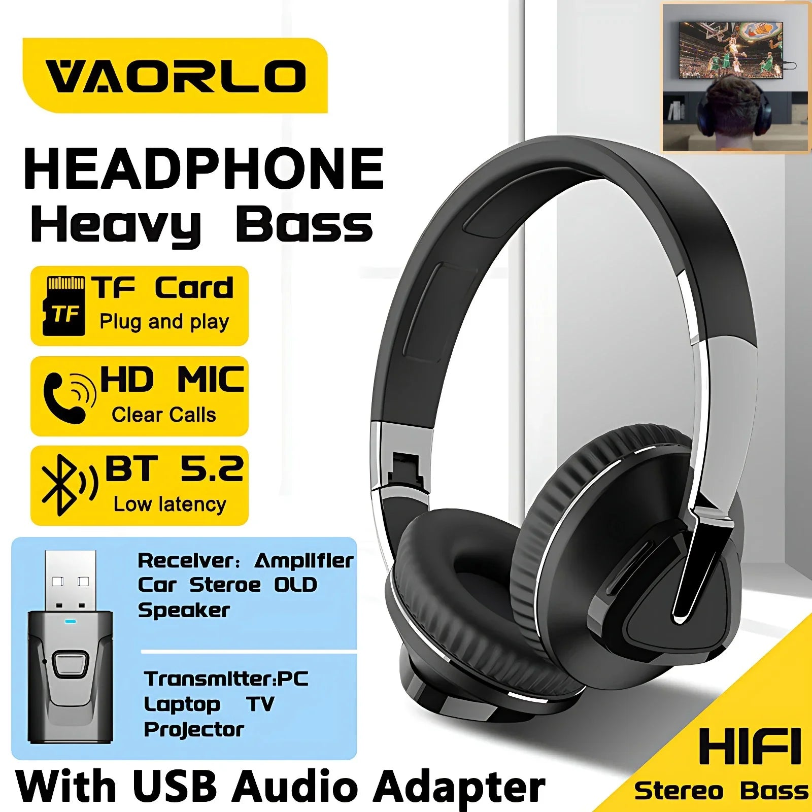 Black over-ear h3 headphone wireless wired headphone with bluetooth 5.2 usb adapter rx&tx gaming headset with mic