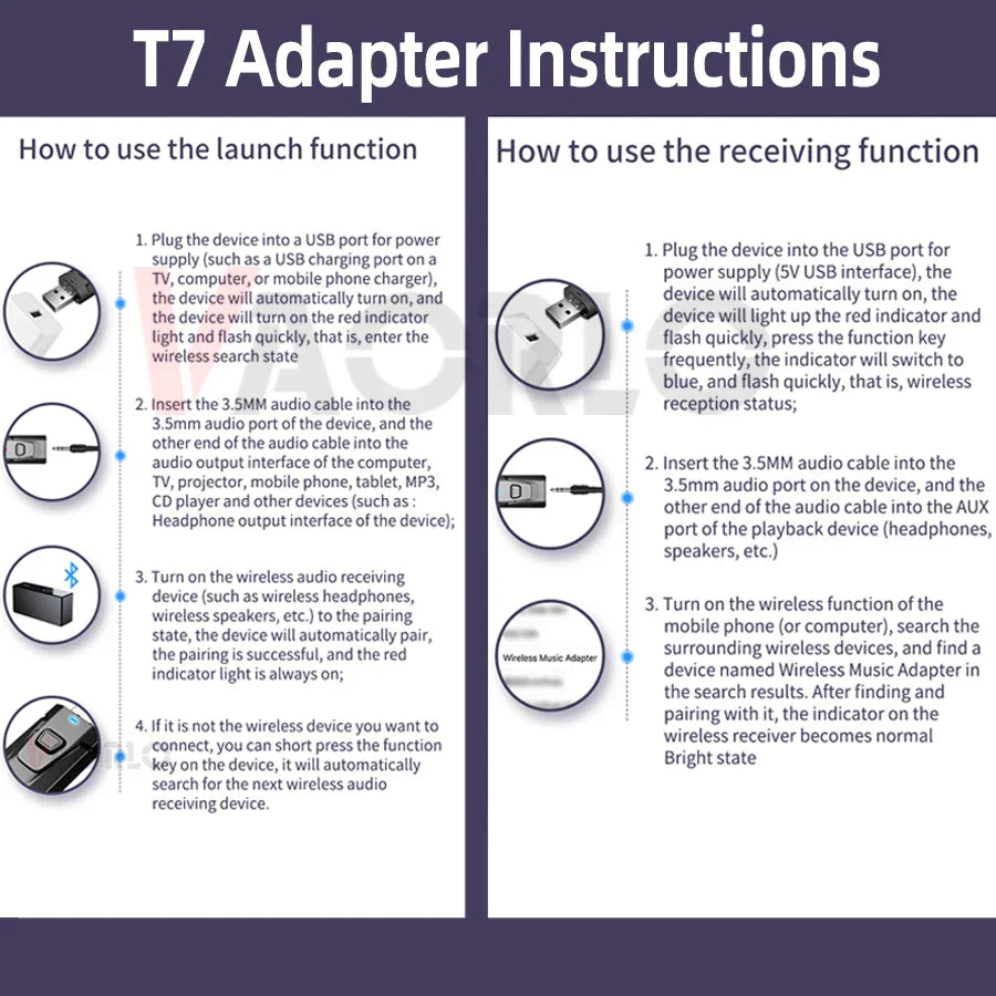 T7 wireless audio adapter with usb adapter rx&tx and 3.5mm jack for wireless wired headphone and gaming headset use