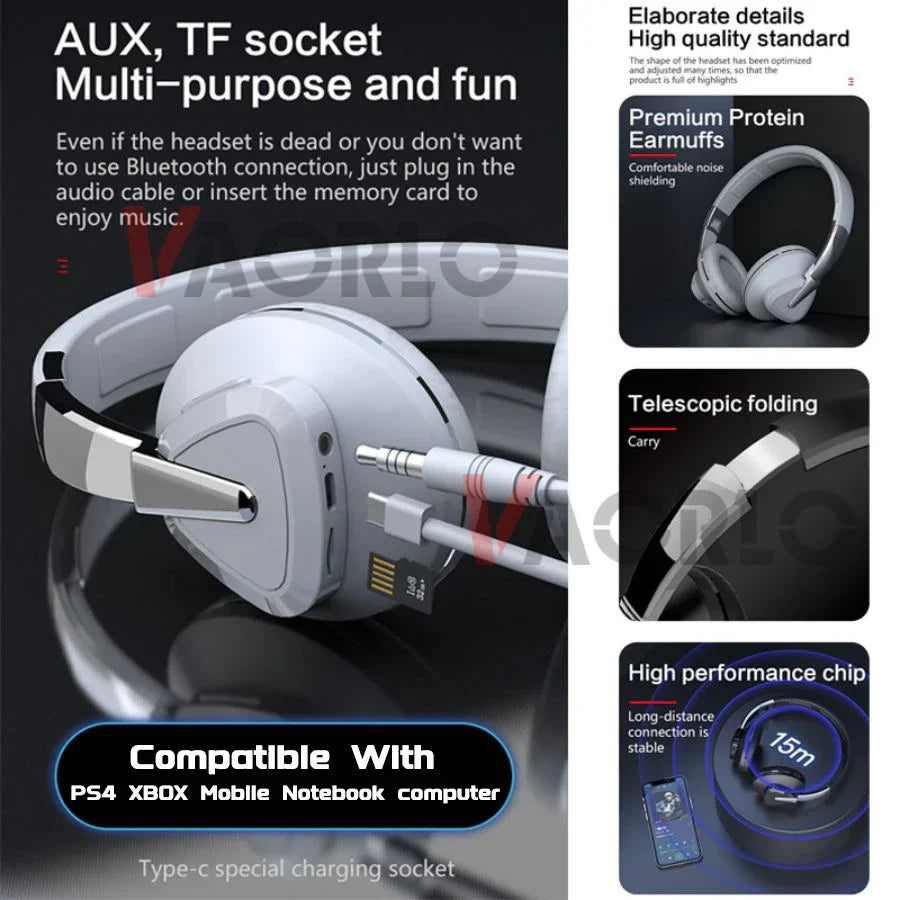 White over-ear wireless wired headphone with metallic accents usb adapter rx&tx gaming headset for phone pc tv