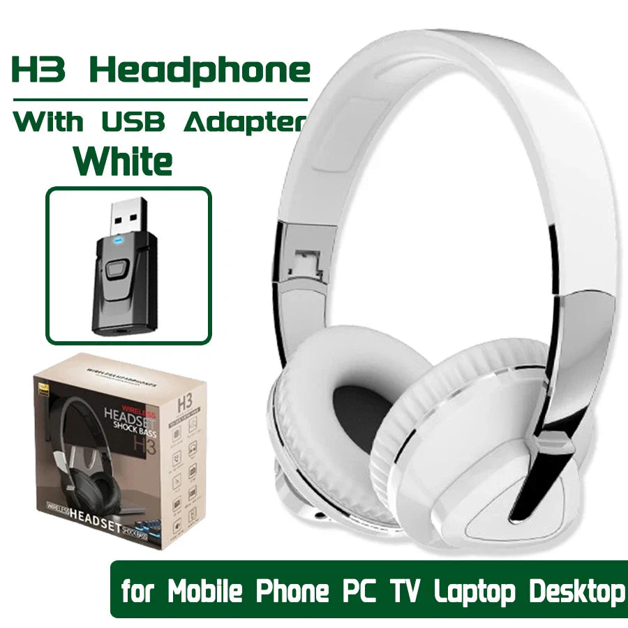 White over-ear wireless wired headphone with sleek glossy finish black trim usb adapter rx&tx gaming headset for phone pc tv