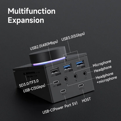 Black hagibis knob usb c hub with shortcut buttons and purple led light featuring multiple ports for macbook use