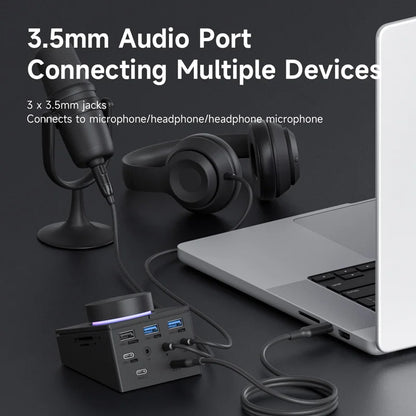 Black rectangular hagibis knob usb c hub with three 3.5mm jacks usb ports glowing purple led shortcut buttons
