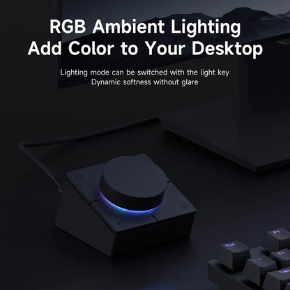 Black hagibis knob usb c hub with shortcut buttons featuring a circular dial and blue ambient lighting for desktop control