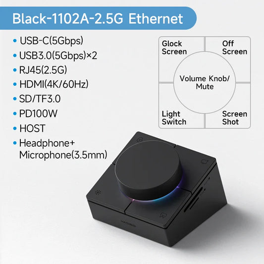 Black hagibis knob usb c hub with blue illuminated volume knob shortcut buttons and multiple ports including usb-c and hdmi