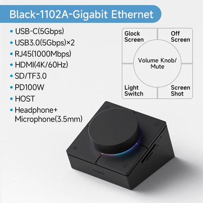 Black hagibis knob usb c hub with central volume knob blue led ring shortcut buttons and multiple ports