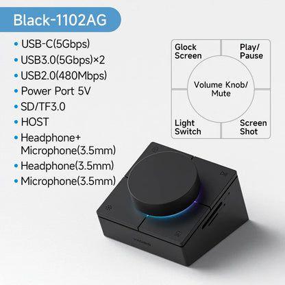 Black harman black-1102ag hagibis knob usb c hub with blue-lit volume knob and shortcut buttons USB ports for desktop use