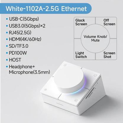 White rectangular hagibis knob usb c hub with shortcut buttons and glowing volume knob for desktop control and docking station