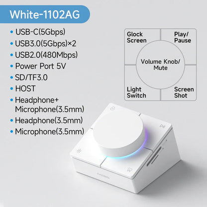 White rectangular hagibis knob usb c hub with glowing blue volume knob led ring and shortcut buttons for desktop use