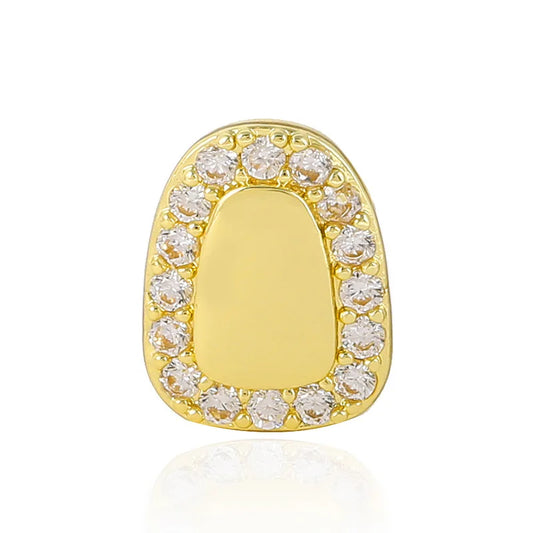 Gold-plated oval charm with polished center and cubic zirconia border for hip hop gold irregular hollow pentagram star teeth grillz