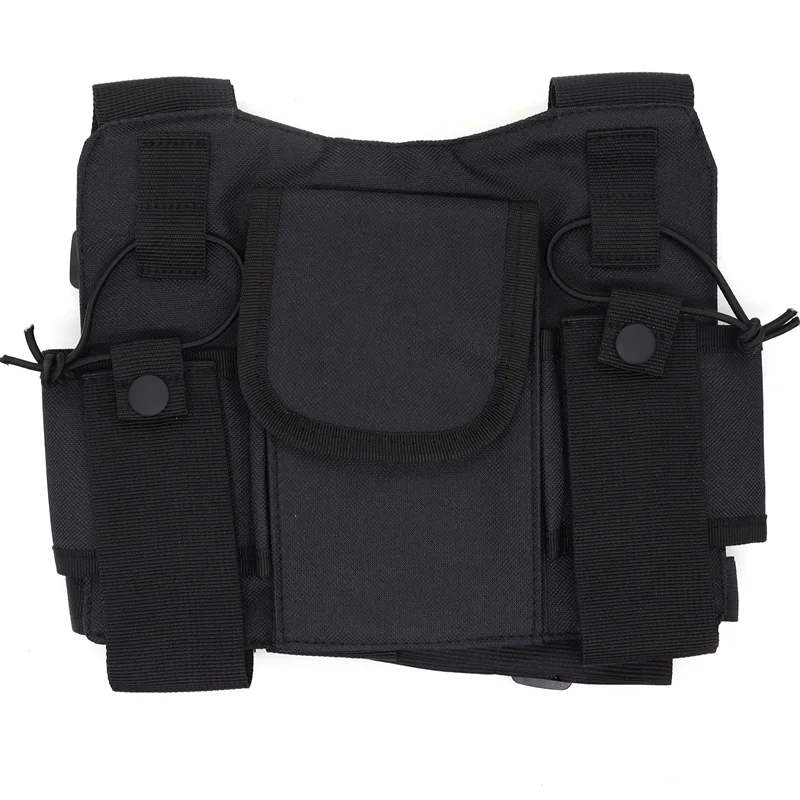 Black tactical chest rig vest with multiple pouches and adjustable straps for ham radio hip use and wist pouch holster storage